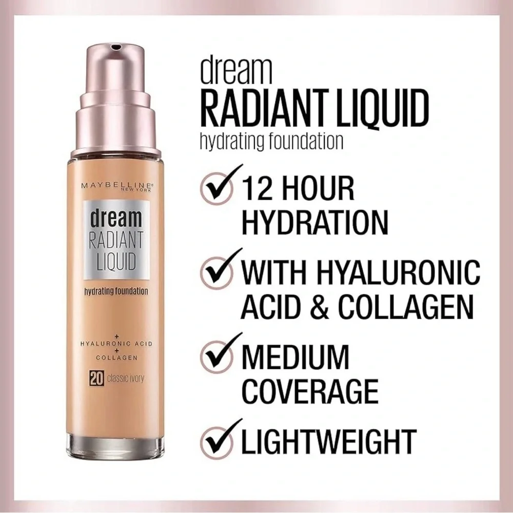 Maybelline 10 Porcelain Ivory Dream Radiant Liquid Hydrating Foundation 1oz
